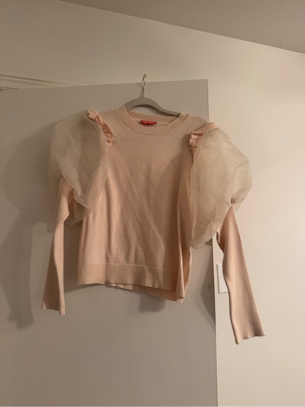 THML Blush Pink Sweater Top with Sheer Puff Sleeves